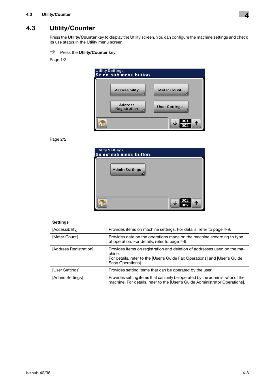 3 utility/counter, Utility/counter -8, P. 4-8 | Konica Minolta bizhub 42 User Manual | Page 34 / 109