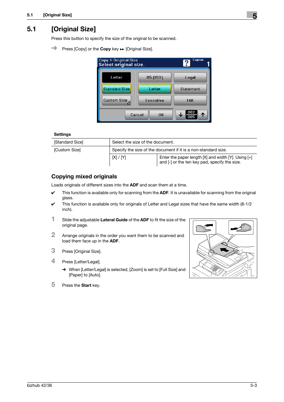 1 [original size, Copying mixed originals, Original size] -3 copying mixed originals -3 | P. 5-3 | Konica Minolta bizhub 42 User Manual | Page 43 / 109