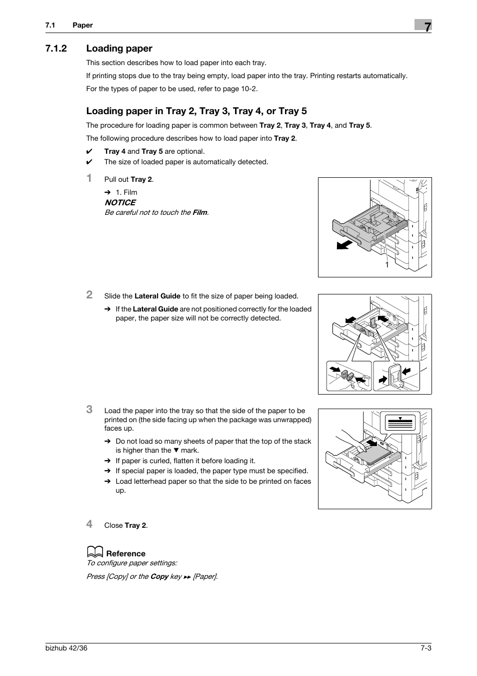 2 loading paper, Loading paper in tray 2, tray 3, tray 4, or tray 5 | Konica Minolta bizhub 42 User Manual | Page 72 / 109