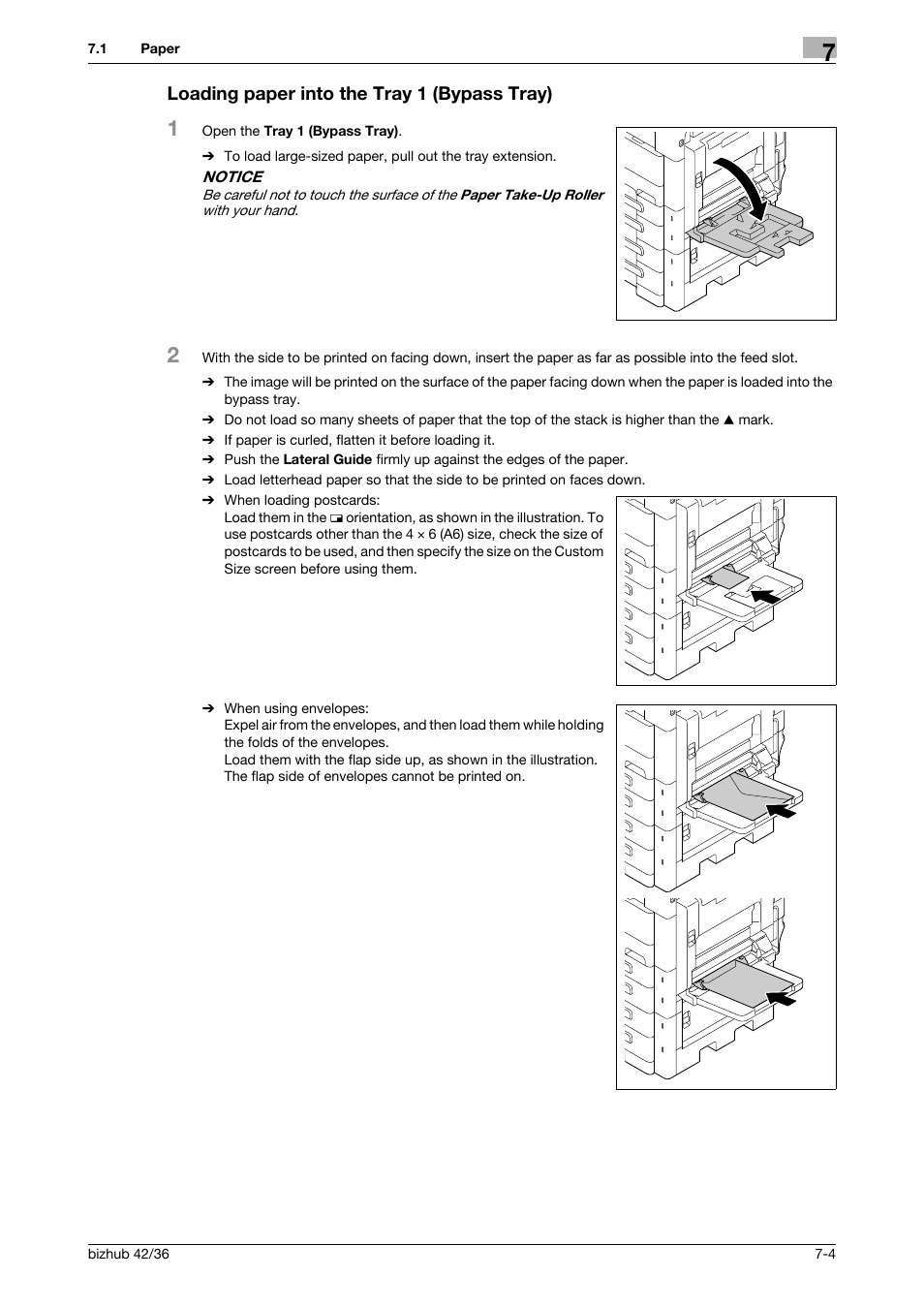 Loading paper into the tray 1 (bypass tray), Loading paper into the tray 1 (bypass tray) -4 | Konica Minolta bizhub 42 User Manual | Page 73 / 109