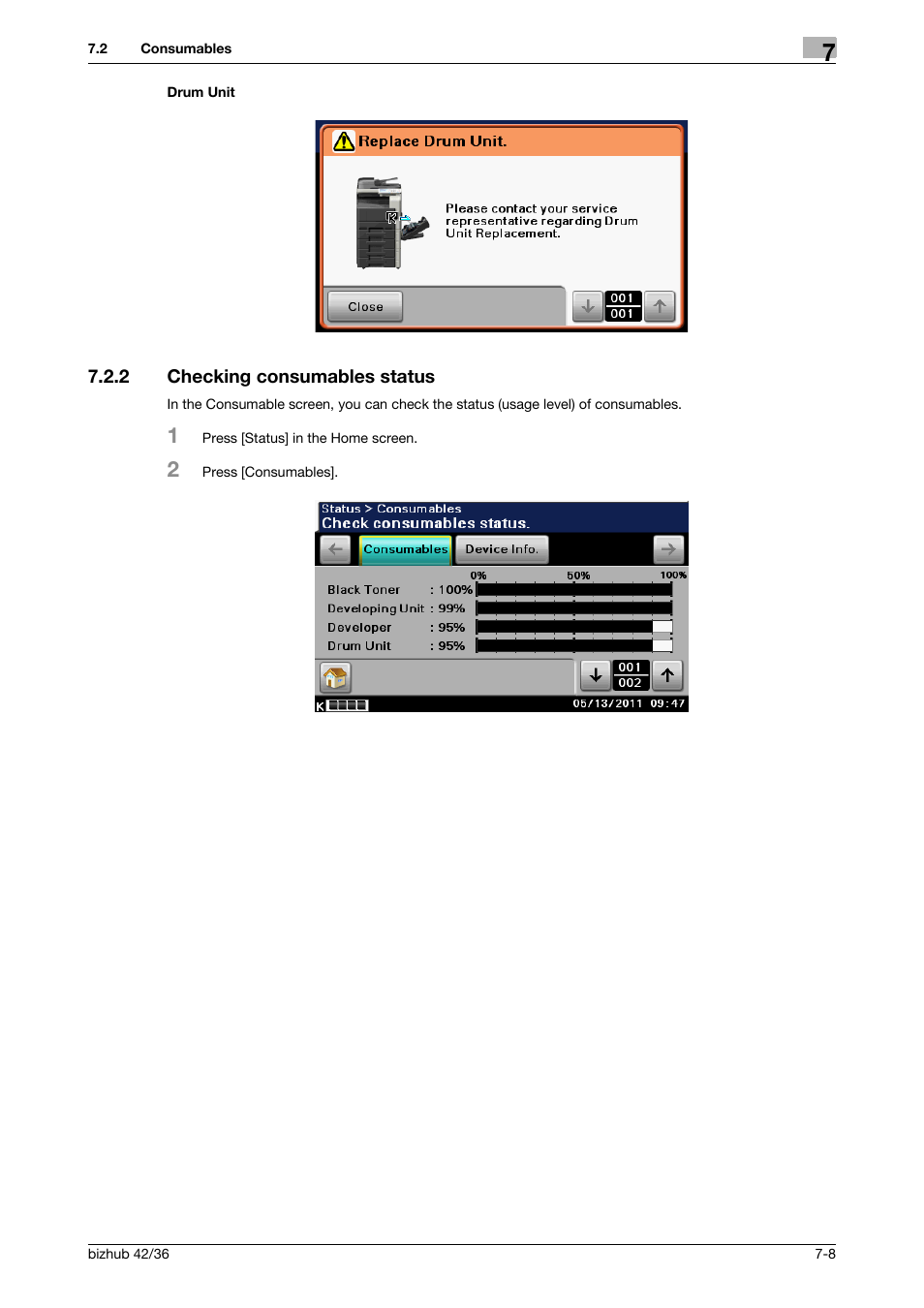 2 checking consumables status, Checking consumables status -8 | Konica Minolta bizhub 42 User Manual | Page 77 / 109