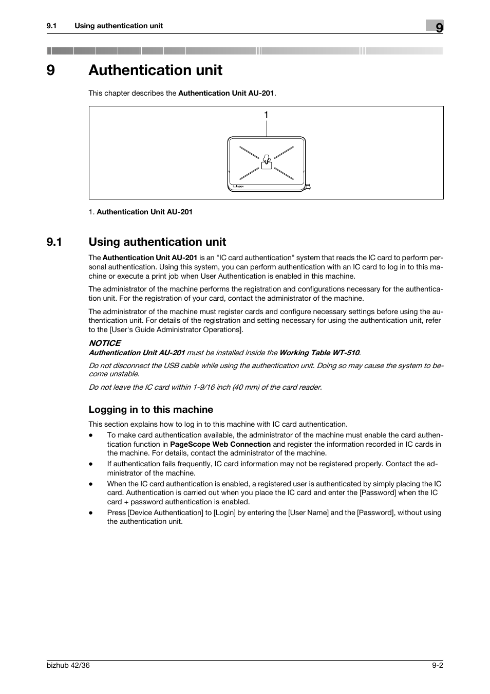 9 authentication unit, 1 using authentication unit, Logging in to this machine | Authentication unit, 9authentication unit | Konica Minolta bizhub 42 User Manual | Page 90 / 109