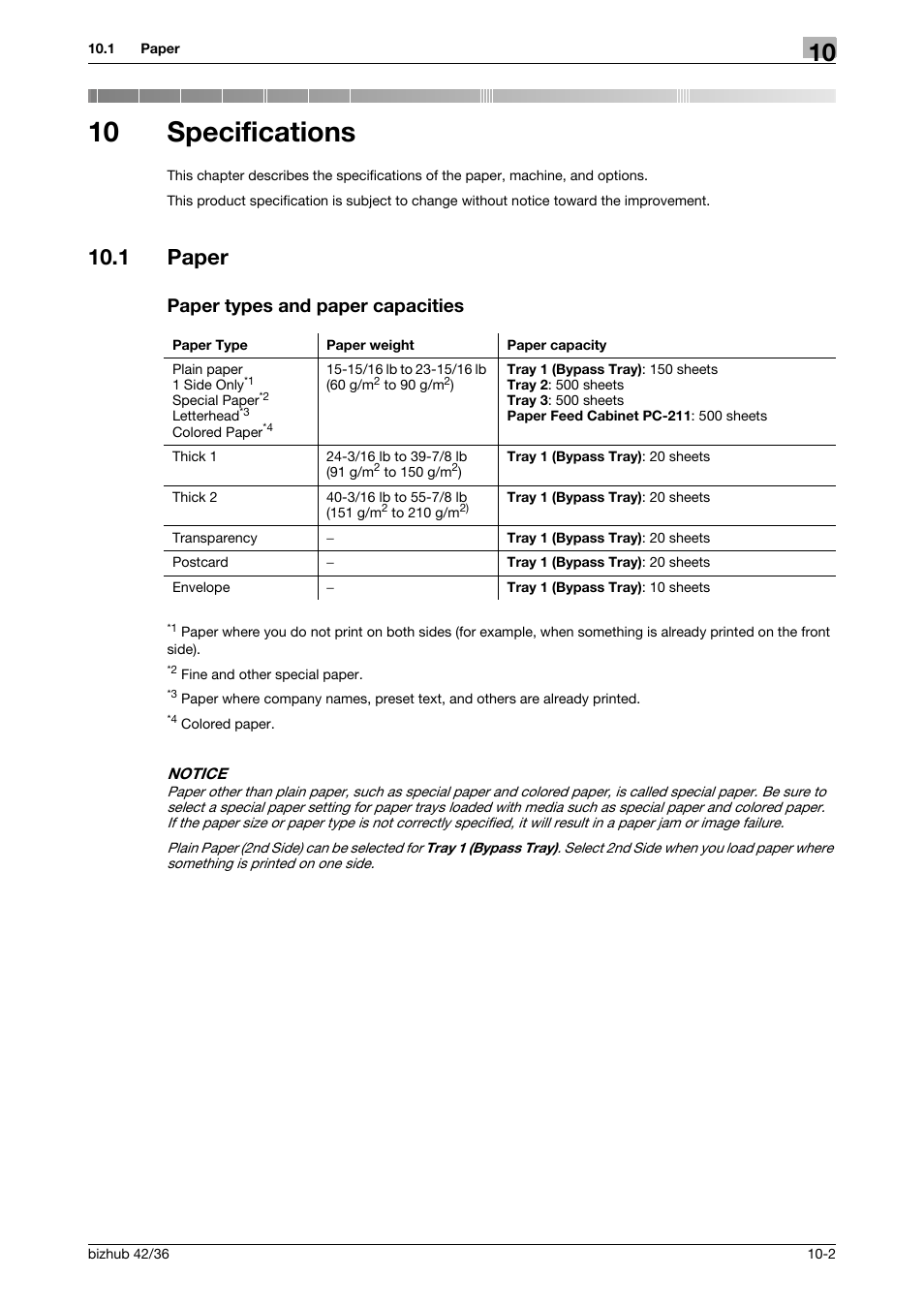 10 specifications, 1 paper, Paper types and paper capacities | Specifications, Paper -2 paper types and paper capacities -2 | Konica Minolta bizhub 42 User Manual | Page 94 / 109