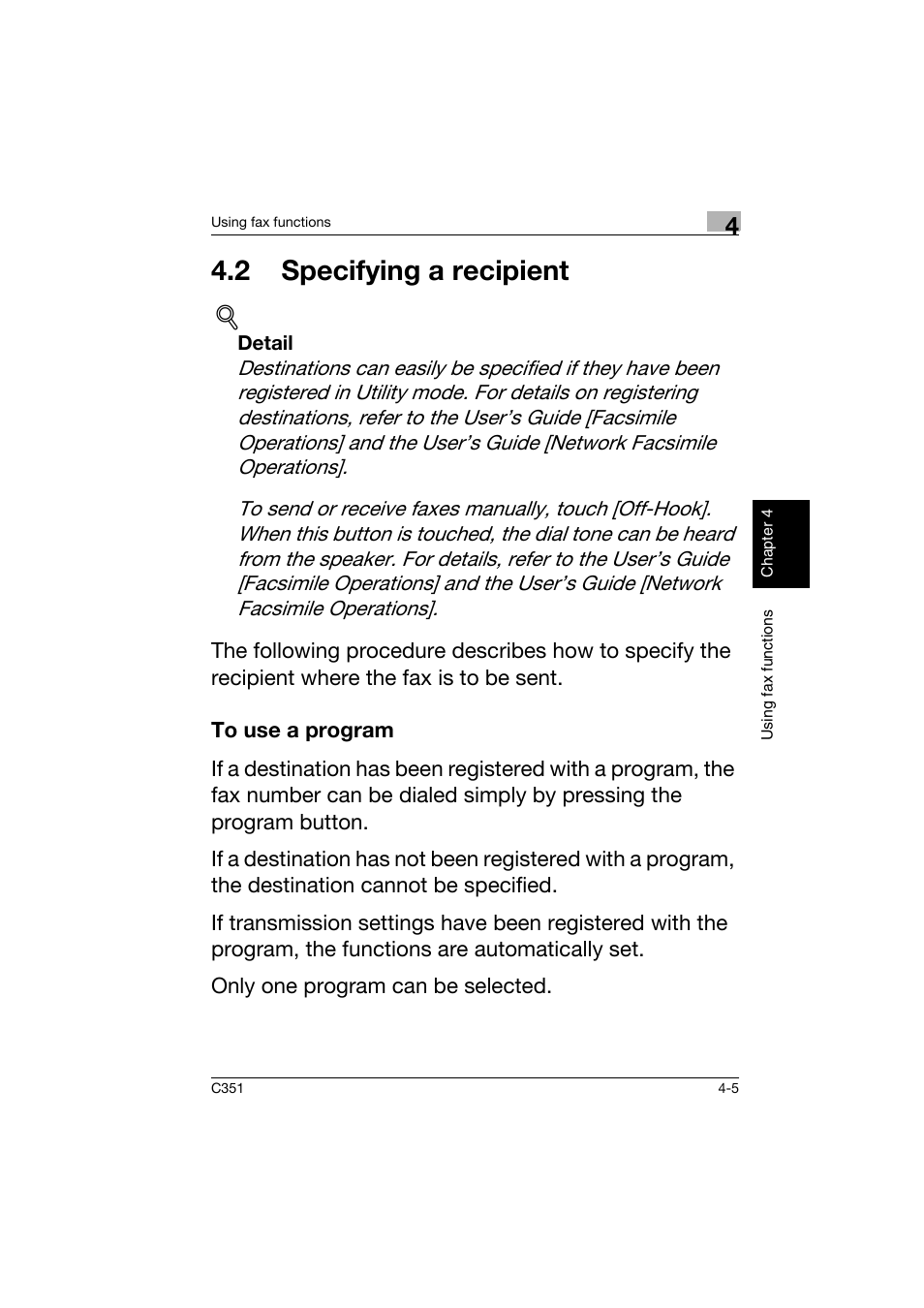 2 specifying a recipient, To use a program, 2 specifying a recipient -5 | To use a program -5 | Konica Minolta BIZHUB C351 User Manual | Page 120 / 158