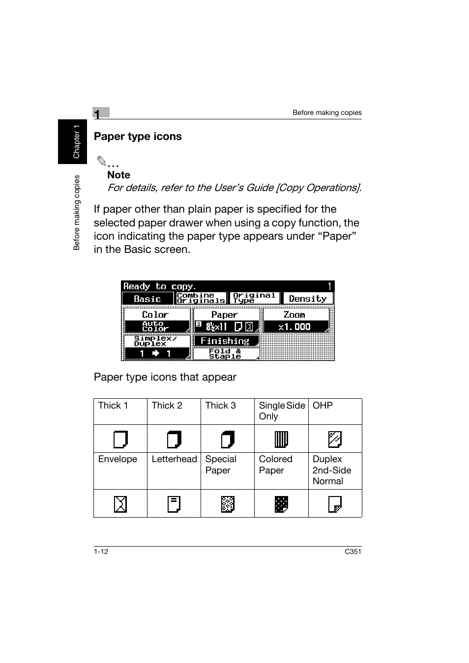 Paper type icons, Paper type icons -12 | Konica Minolta BIZHUB C351 User Manual | Page 21 / 158