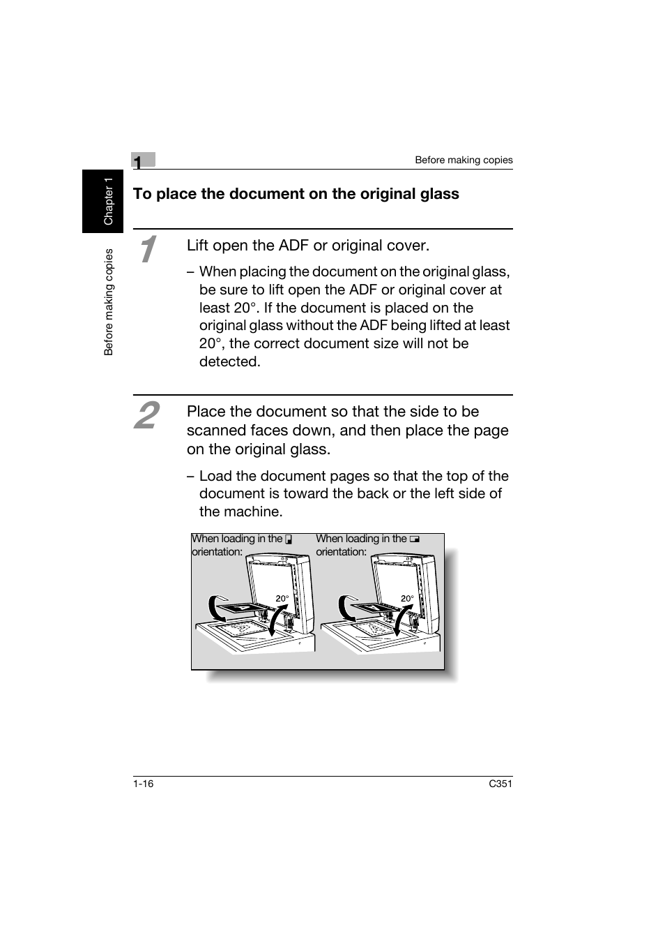 To place the document on the original glass, To place the document on the original glass -16 | Konica Minolta BIZHUB C351 User Manual | Page 25 / 158