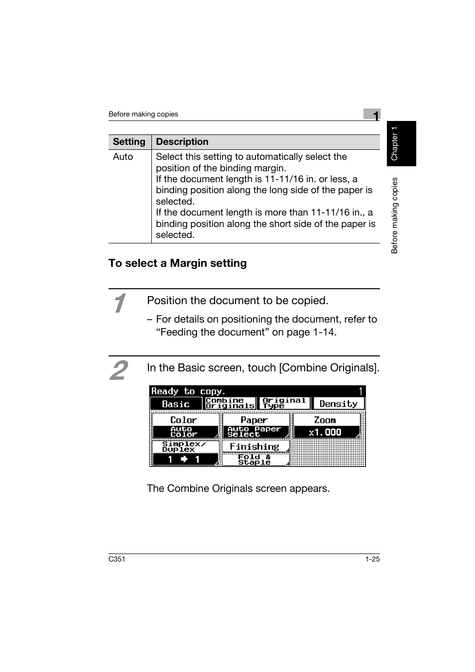 To select a margin setting, To select a margin setting -25 | Konica Minolta BIZHUB C351 User Manual | Page 34 / 158