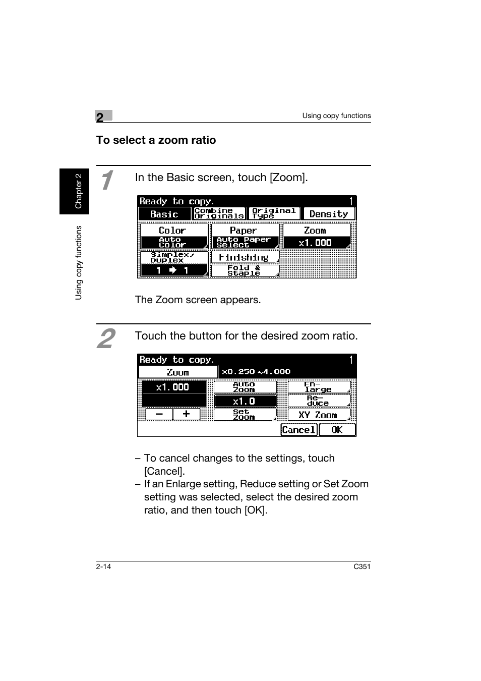 To select a zoom ratio, To select a zoom ratio -14 | Konica Minolta BIZHUB C351 User Manual | Page 49 / 158