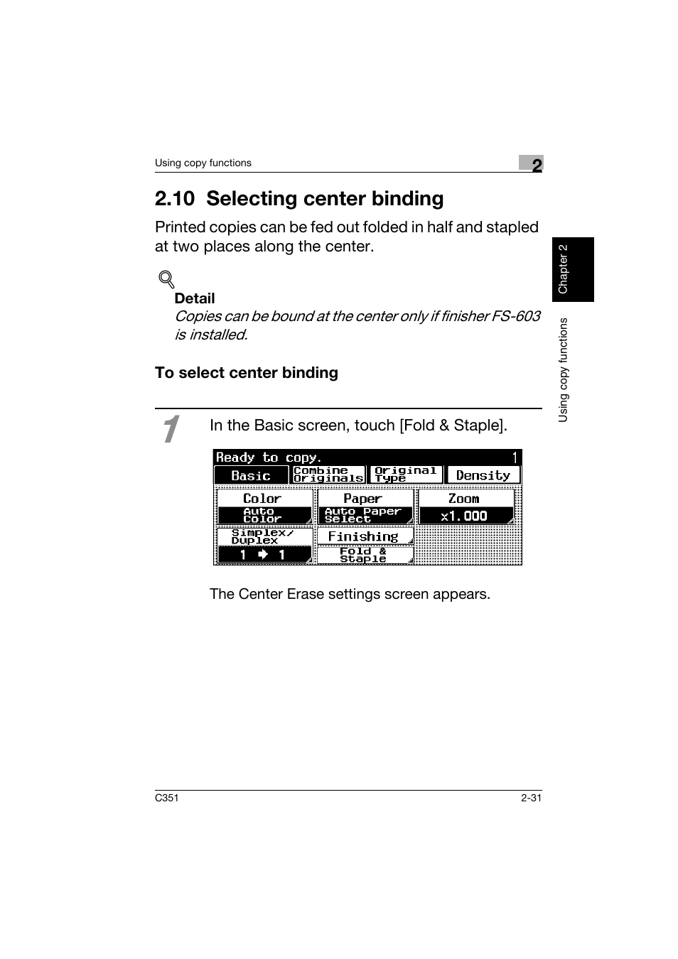 10 selecting center binding, To select center binding, 10selecting center binding -31 | To select center binding -31 | Konica Minolta BIZHUB C351 User Manual | Page 66 / 158