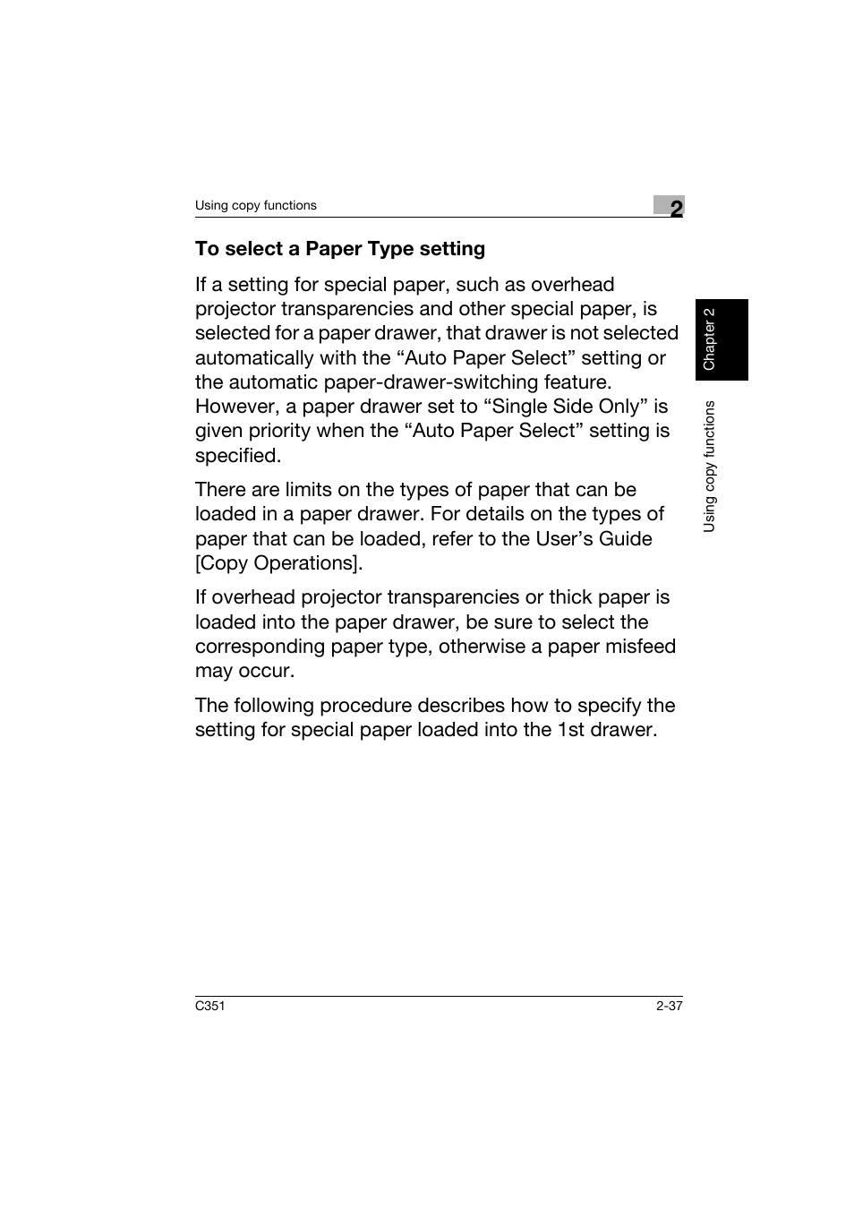 To select a paper type setting, To select a paper type setting -37 | Konica Minolta BIZHUB C351 User Manual | Page 72 / 158