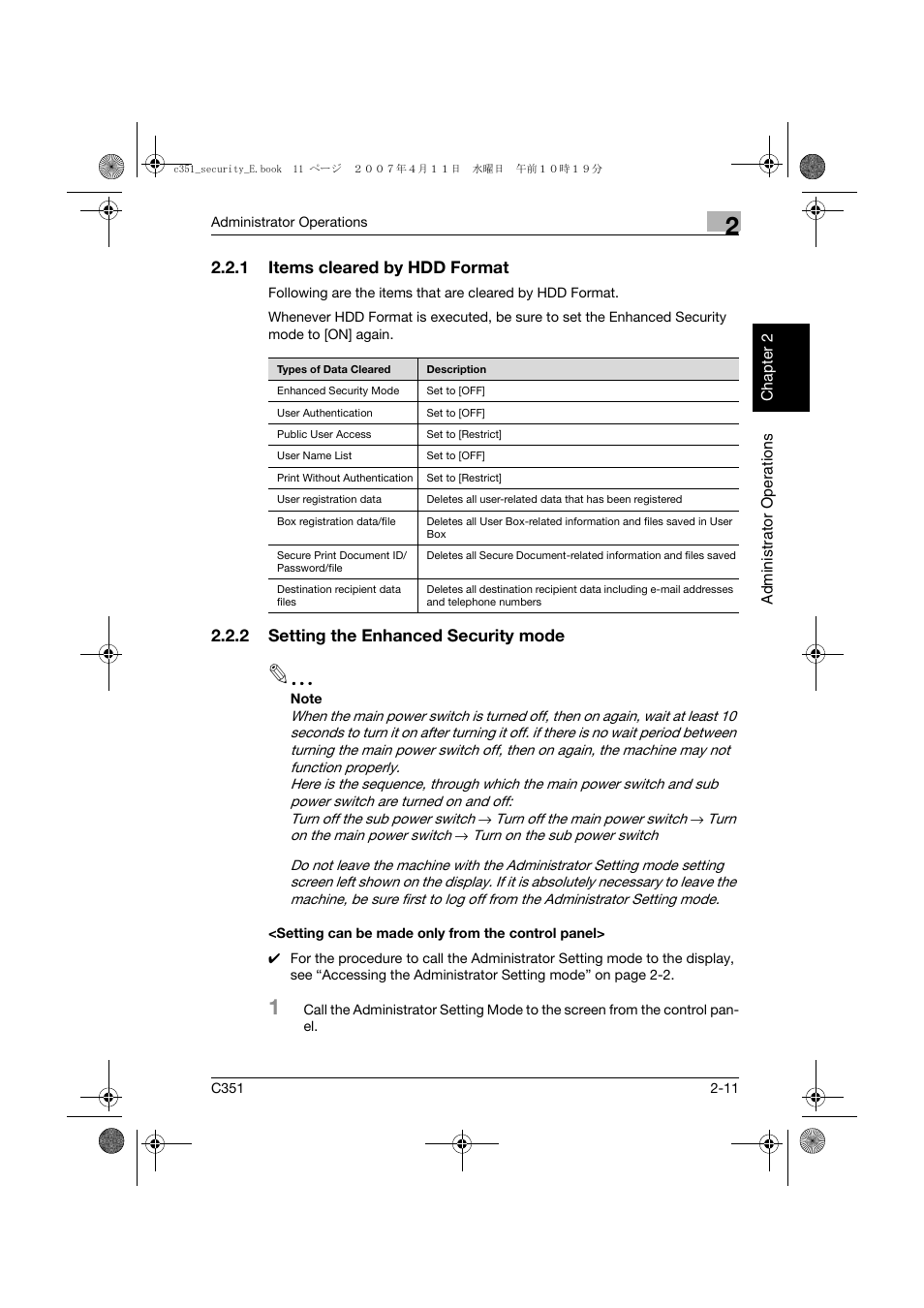 1 items cleared by hdd format, 2 setting the enhanced security mode, Setting can be made only from the control panel | Items cleared by hdd format -11 | Konica Minolta BIZHUB C351 User Manual | Page 30 / 188