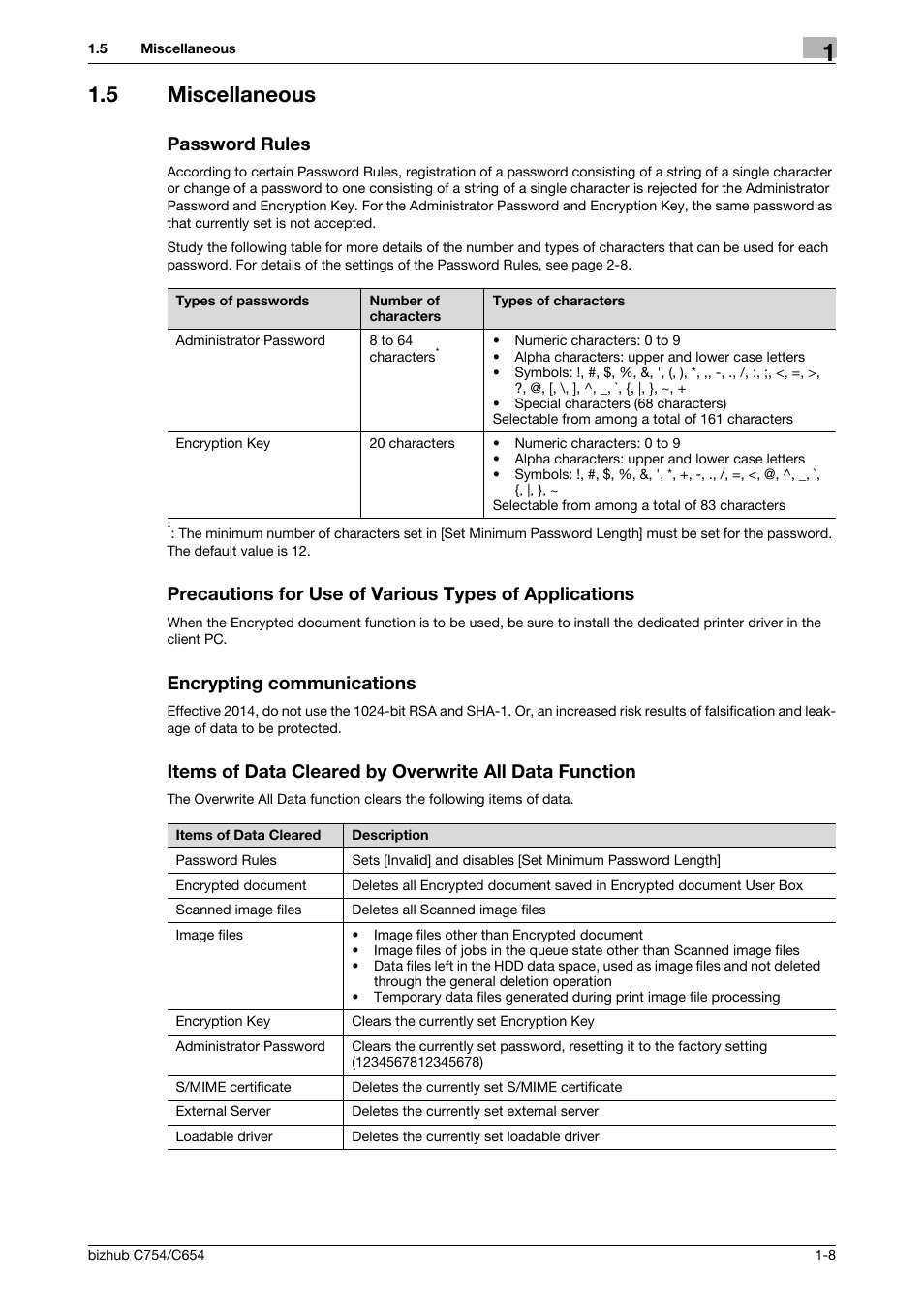 5 miscellaneous, Password rules, Encrypting communications | Konica Minolta bizhub C654 User Manual | Page 11 / 58