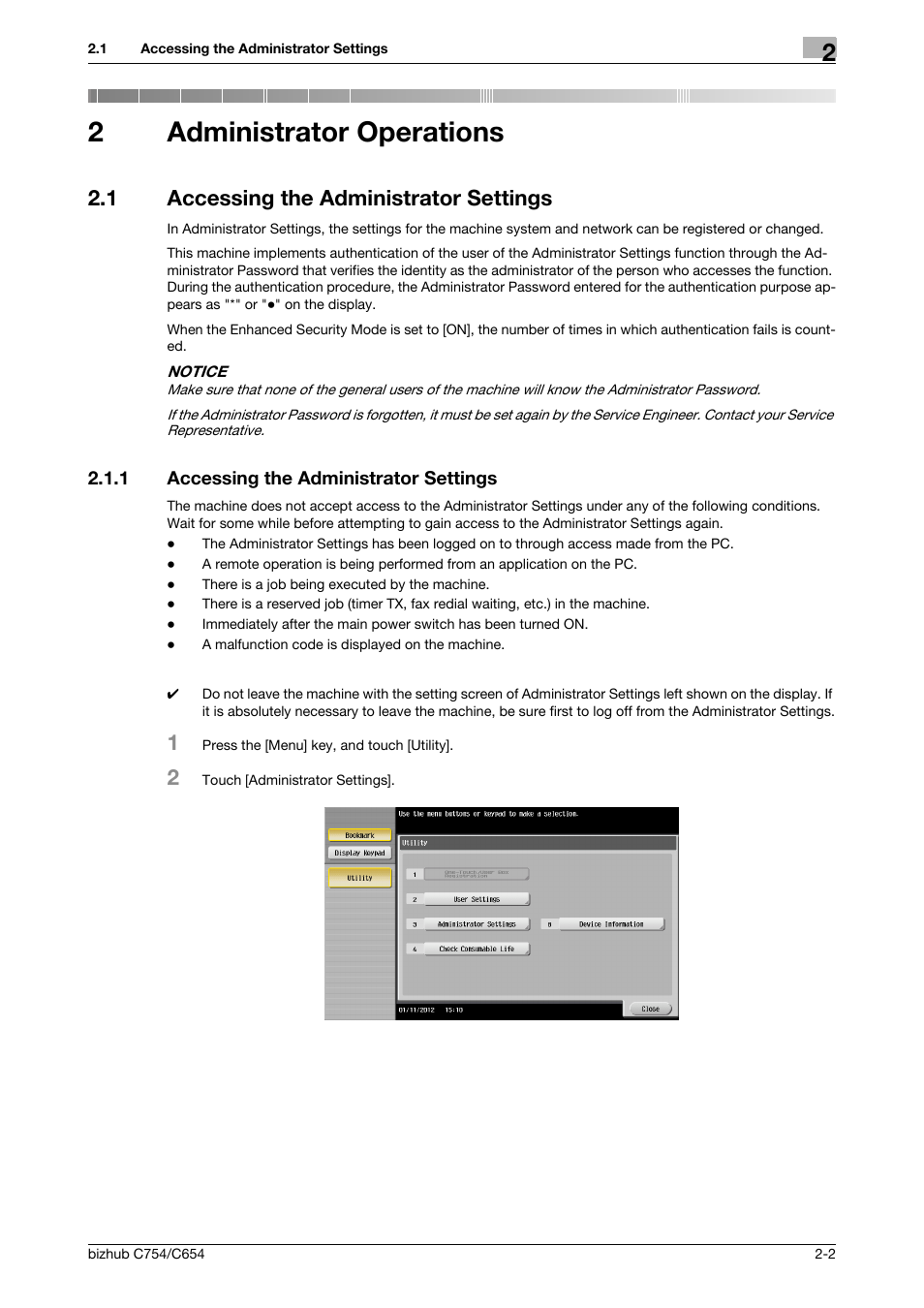 2 administrator operations, 1 accessing the administrator settings, Administrator operations | Accessing the administrator settings -2, 2administrator operations | Konica Minolta bizhub C654 User Manual | Page 14 / 58