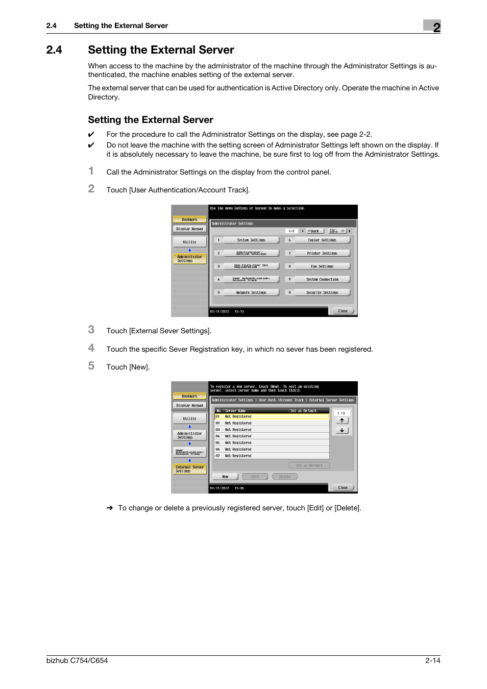 4 setting the external server, Setting the external server | Konica Minolta bizhub C654 User Manual | Page 26 / 58