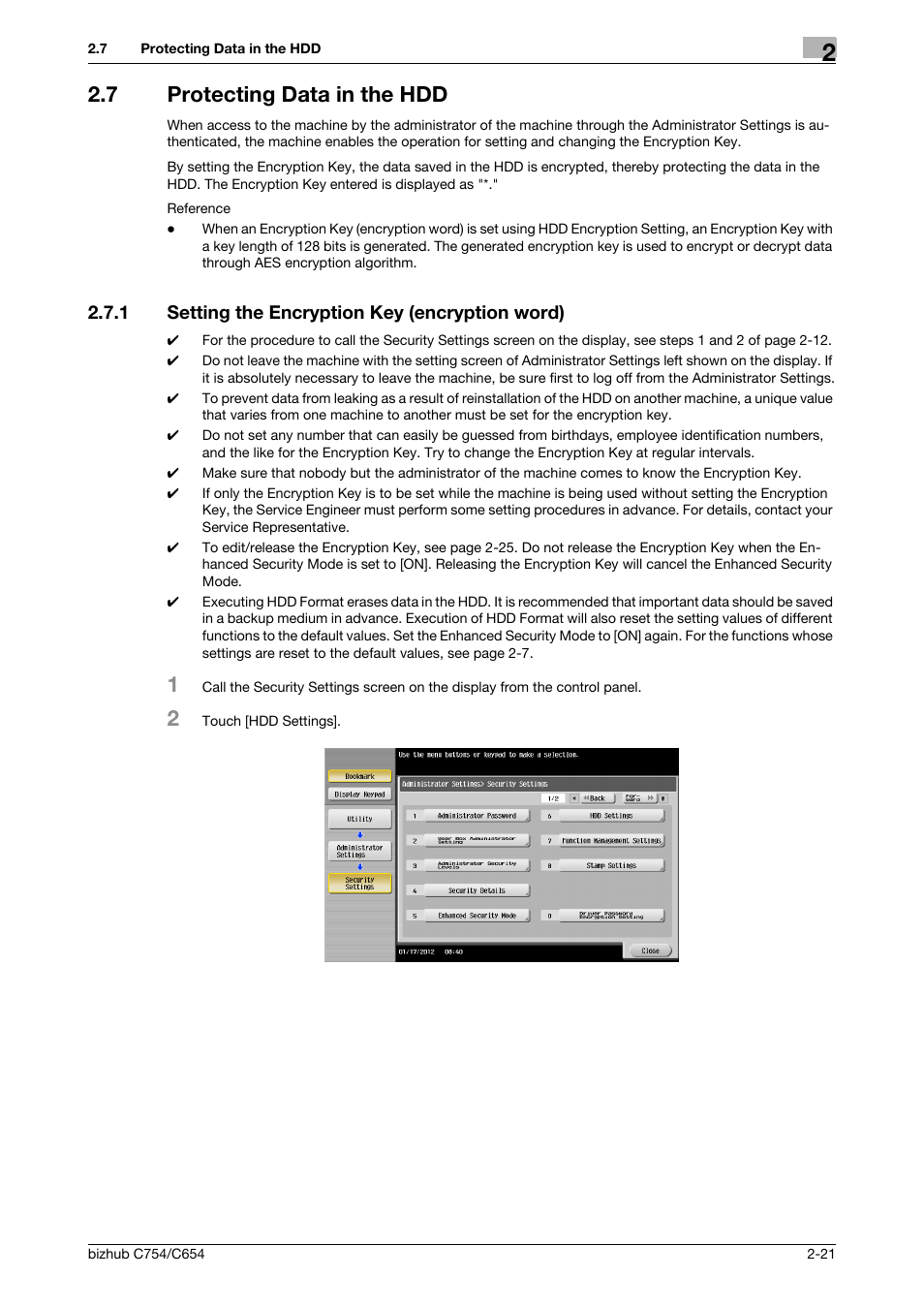 7 protecting data in the hdd, 1 setting the encryption key (encryption word), Protecting data in the hdd -21 | Setting the encryption key (encryption word) -21 | Konica Minolta bizhub C654 User Manual | Page 33 / 58