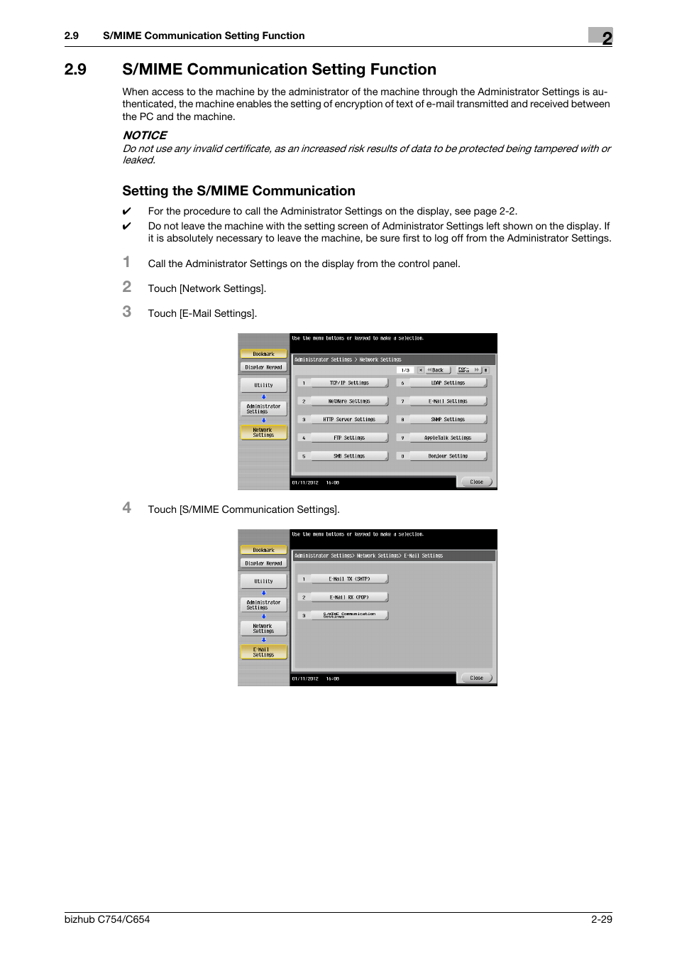 9 s/mime communication setting function, Setting the s/mime communication | Konica Minolta bizhub C654 User Manual | Page 41 / 58