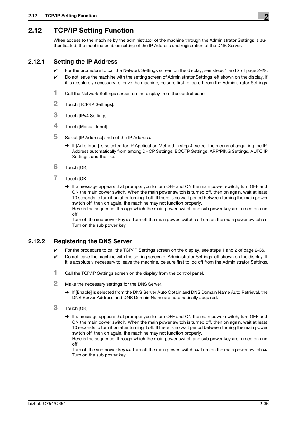 12 tcp/ip setting function, 1 setting the ip address, 2 registering the dns server | Tcp/ip setting function -36, Setting the ip address -36, Registering the dns server -36 | Konica Minolta bizhub C654 User Manual | Page 48 / 58