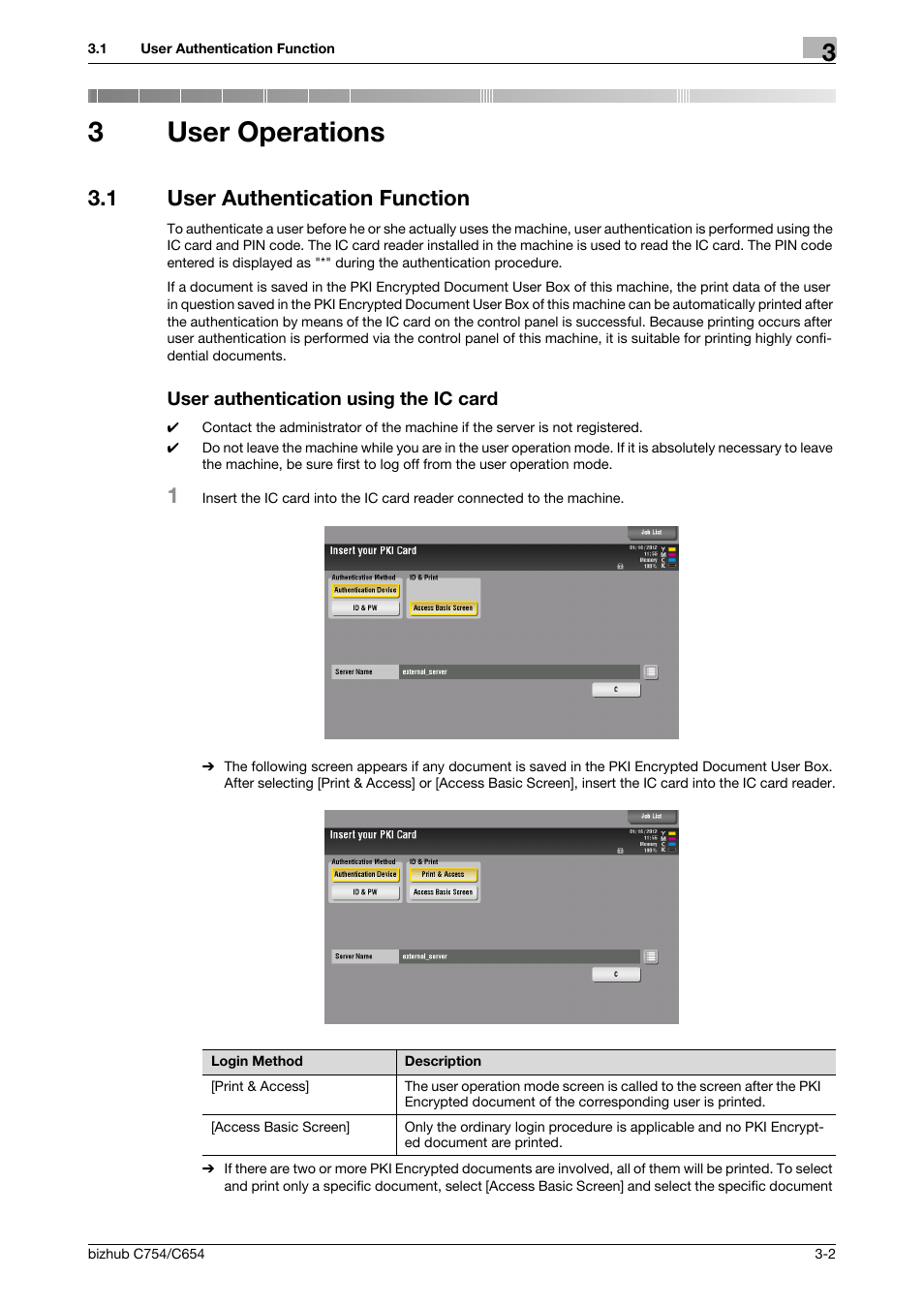 3 user operations, 1 user authentication function, User authentication using the ic card | User operations, 3user operations | Konica Minolta bizhub C654 User Manual | Page 53 / 58