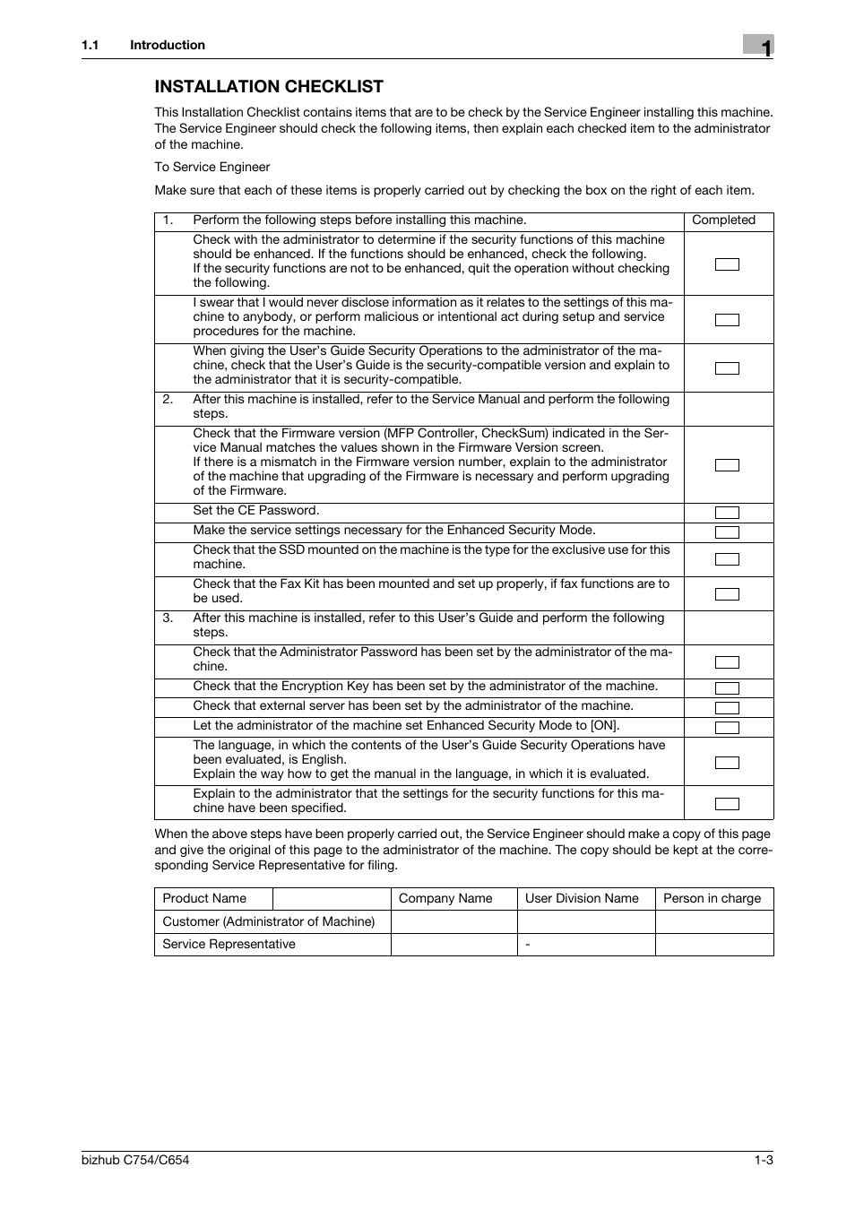 Installation checklist, Installation checklist -3 | Konica Minolta bizhub C654 User Manual | Page 6 / 58