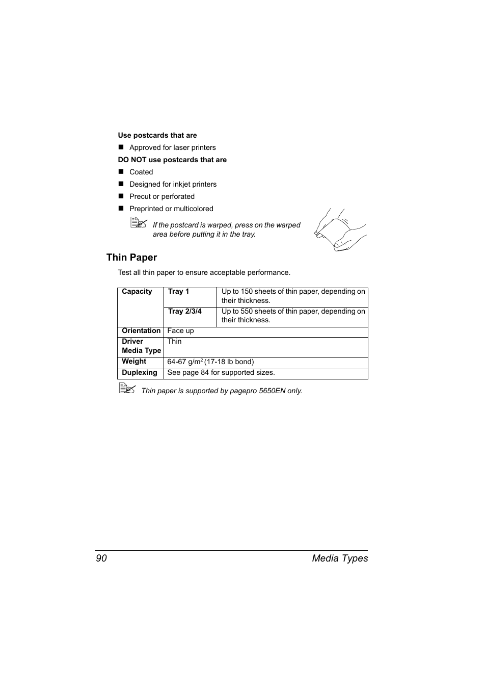 Thin paper, Thin paper 90, Media types 90 | Konica Minolta pagepro 5650 User Manual | Page 100 / 238