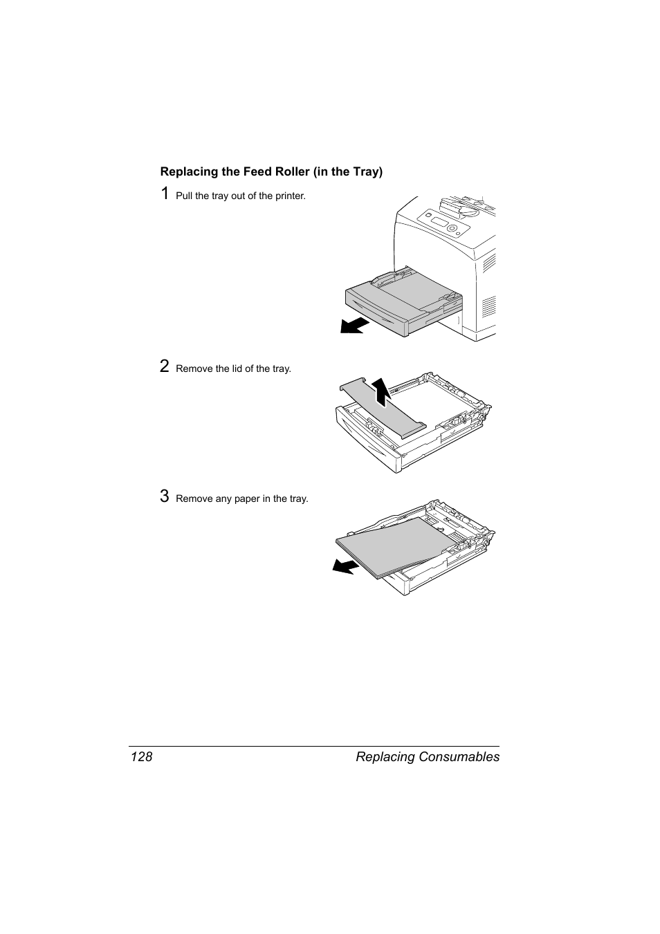 Replacing the feed roller (in the tray), Replacing the feed roller (in the tray) 128 | Konica Minolta pagepro 5650 User Manual | Page 138 / 238