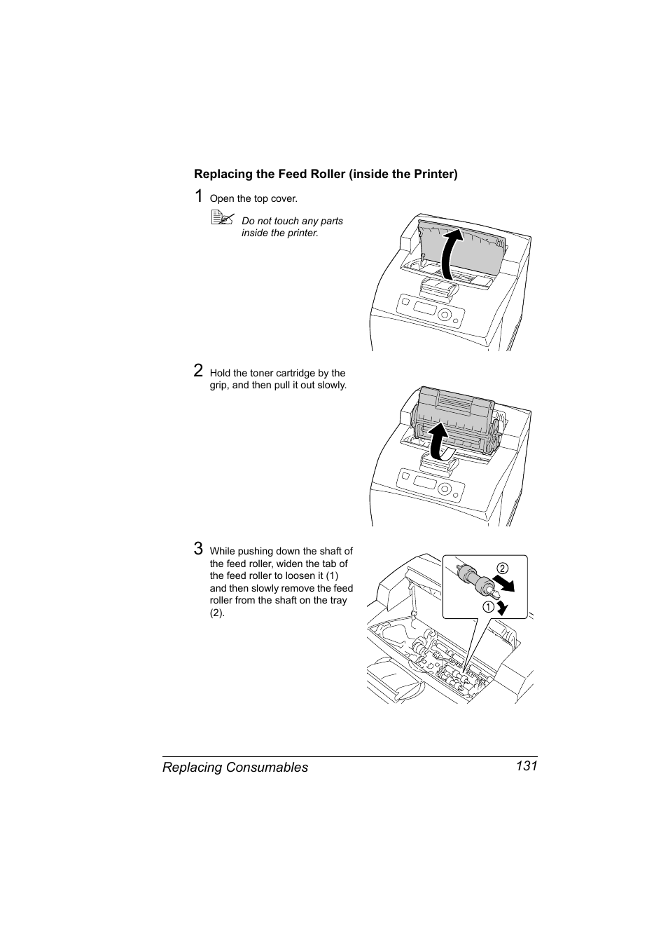 Replacing the feed roller (inside the printer), Replacing the feed roller (inside the printer) 131 | Konica Minolta pagepro 5650 User Manual | Page 141 / 238