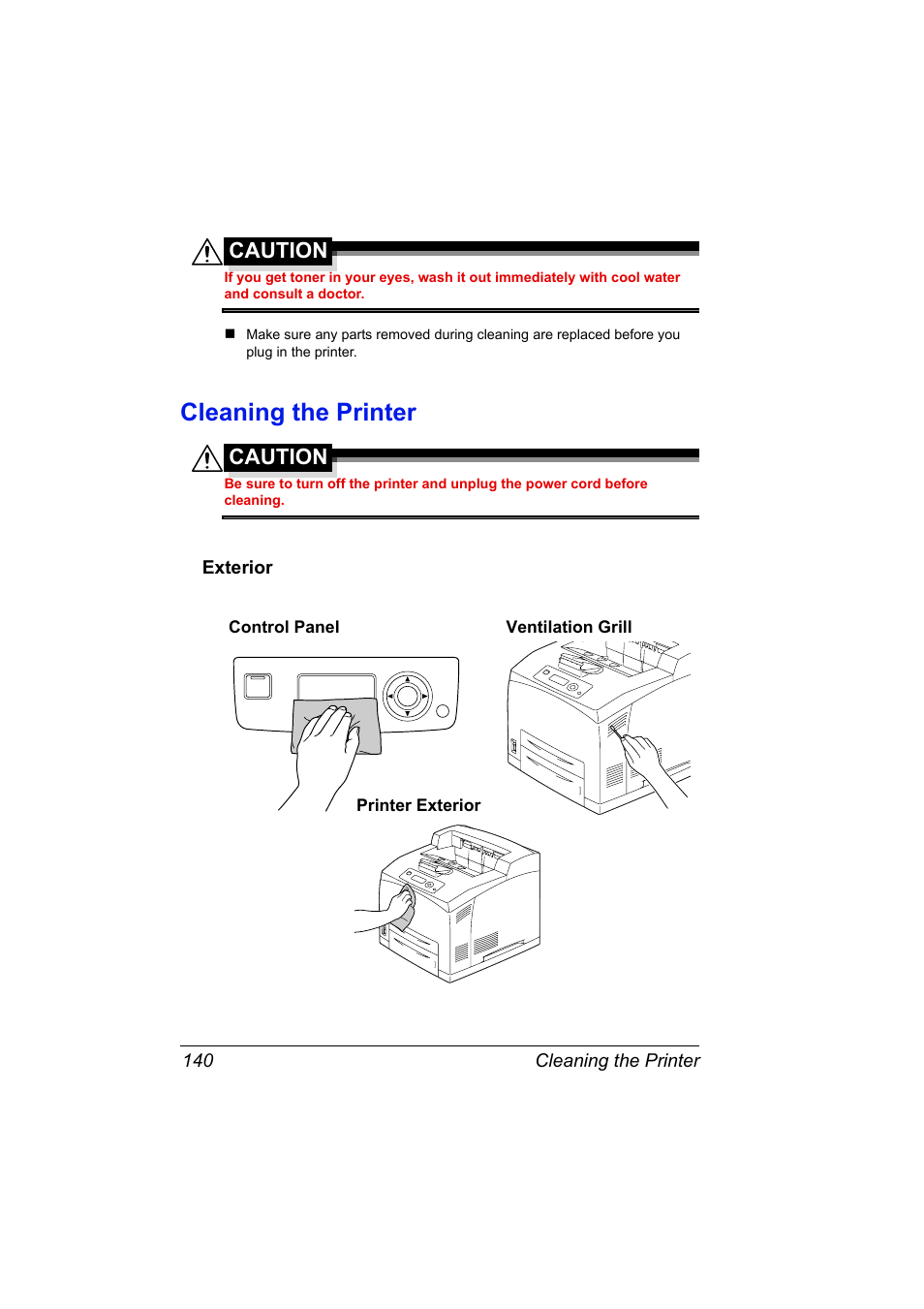 Cleaning the printer, Exterior, Cleaning the printer 140 | Exterior 140, Caution | Konica Minolta pagepro 5650 User Manual | Page 150 / 238