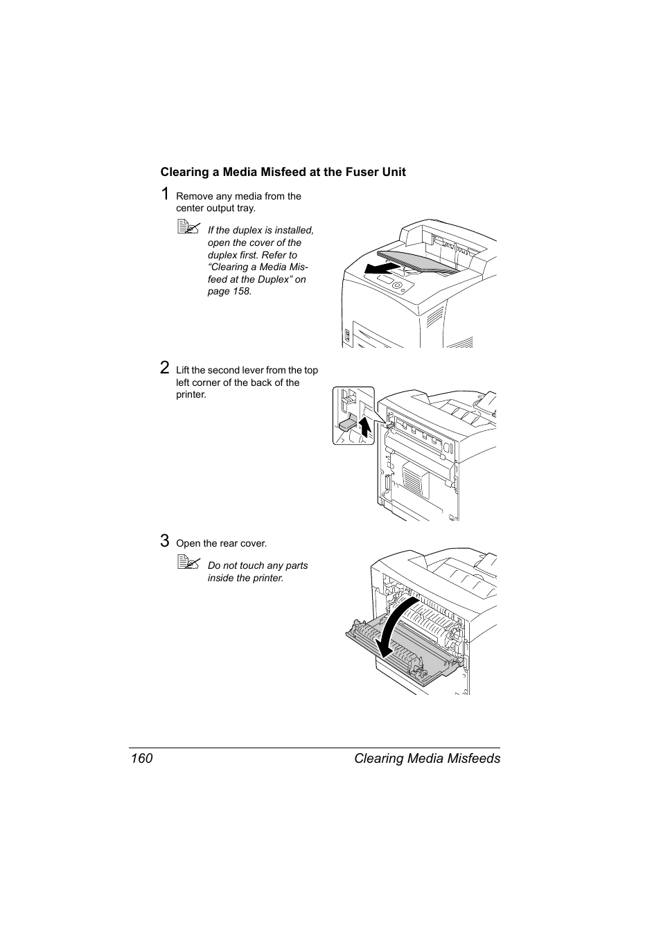Clearing a media misfeed at the fuser unit, Clearing a media misfeed at the fuser unit 160 | Konica Minolta pagepro 5650 User Manual | Page 170 / 238