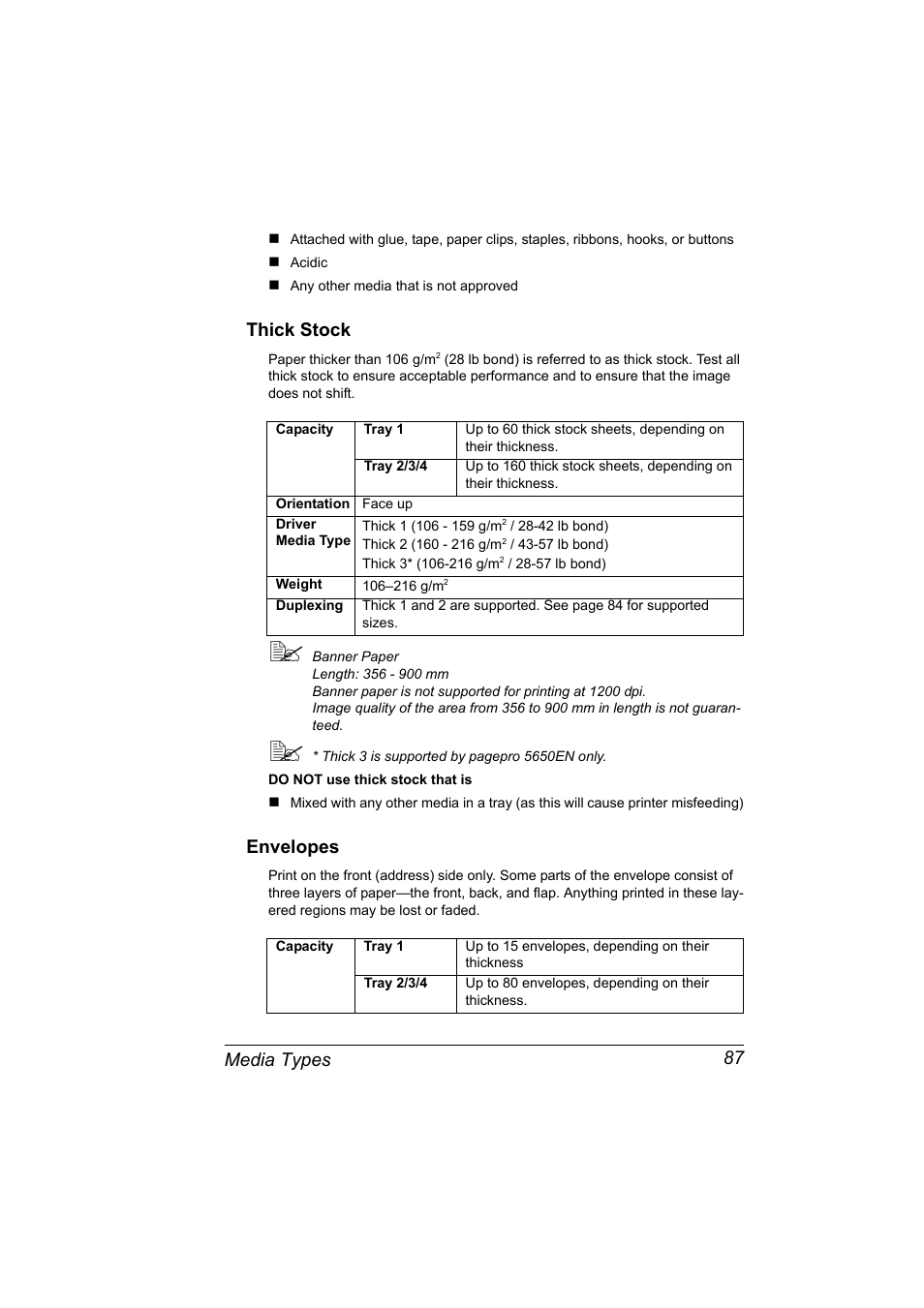 Thick stock, Envelopes, Thick stock 87 envelopes 87 | Media types 87 | Konica Minolta pagepro 5650 User Manual | Page 97 / 238