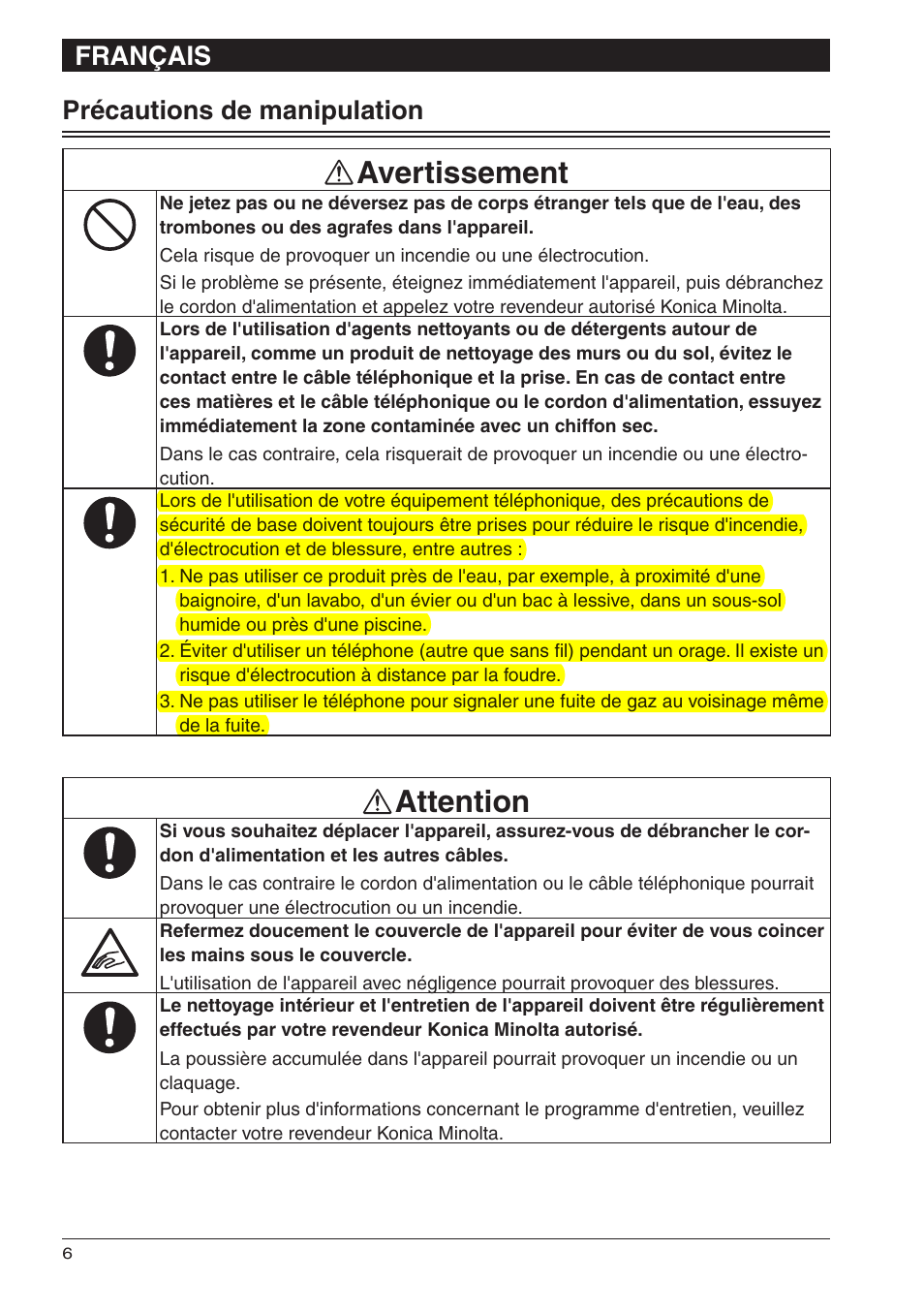 Avertissement, Attention, Français précautions de manipulation | Konica Minolta bizhub 25e User Manual | Page 16 / 28