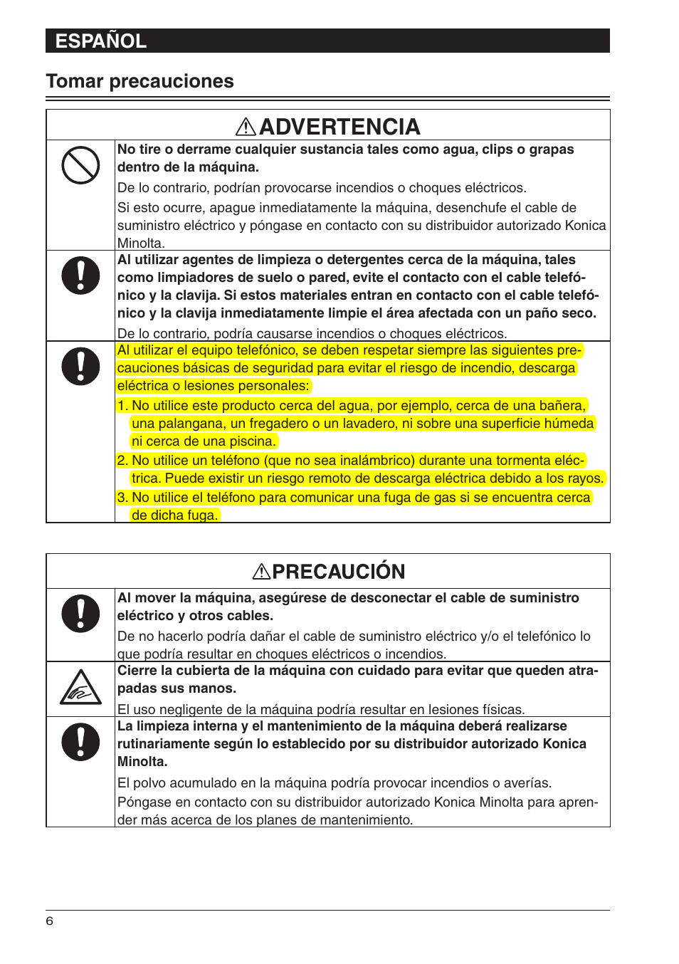 Advertencia, Español, Tomar precauciones | Konica Minolta bizhub 25e User Manual | Page 24 / 28