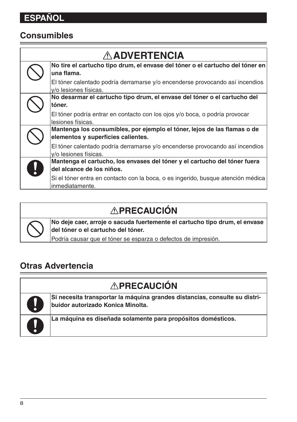 Advertencia, Español, Consumibles | Otras advertencia | Konica Minolta bizhub 25e User Manual | Page 26 / 28