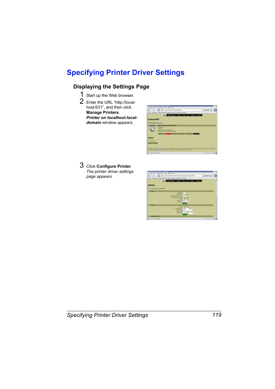 Specifying printer driver settings, Specifying printer driver settings 119 | Konica Minolta bizhub 40P User Manual | Page 137 / 392