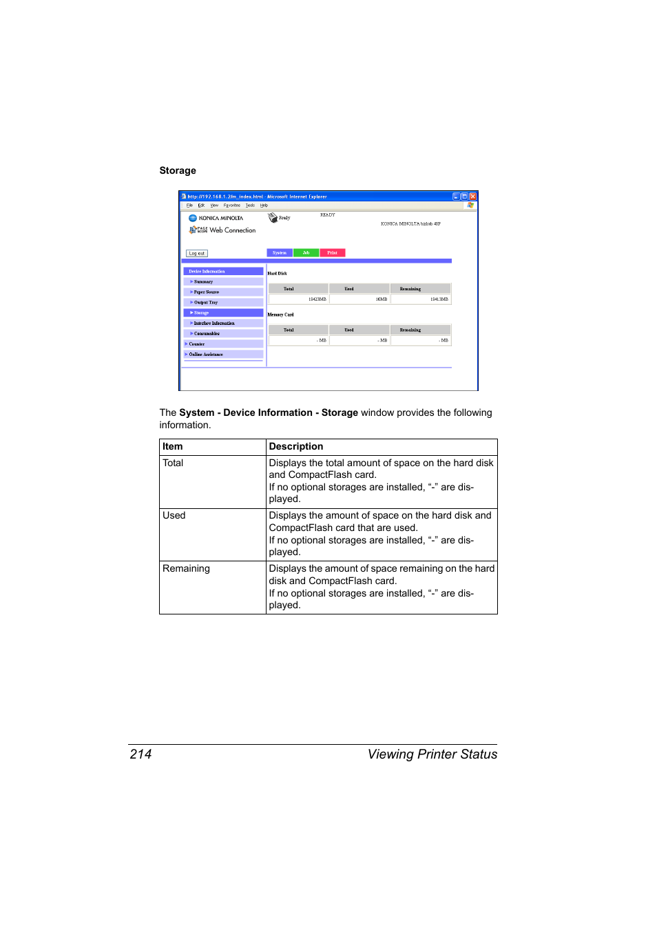 Viewing printer status 214 | Konica Minolta bizhub 40P User Manual | Page 232 / 392