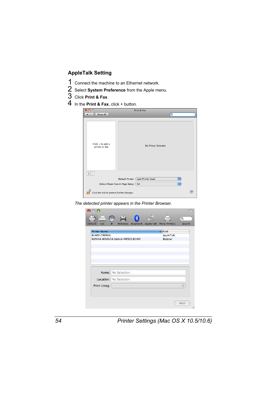 Appletalk setting, Appletalk setting 54 | Konica Minolta bizhub 40P User Manual | Page 72 / 392