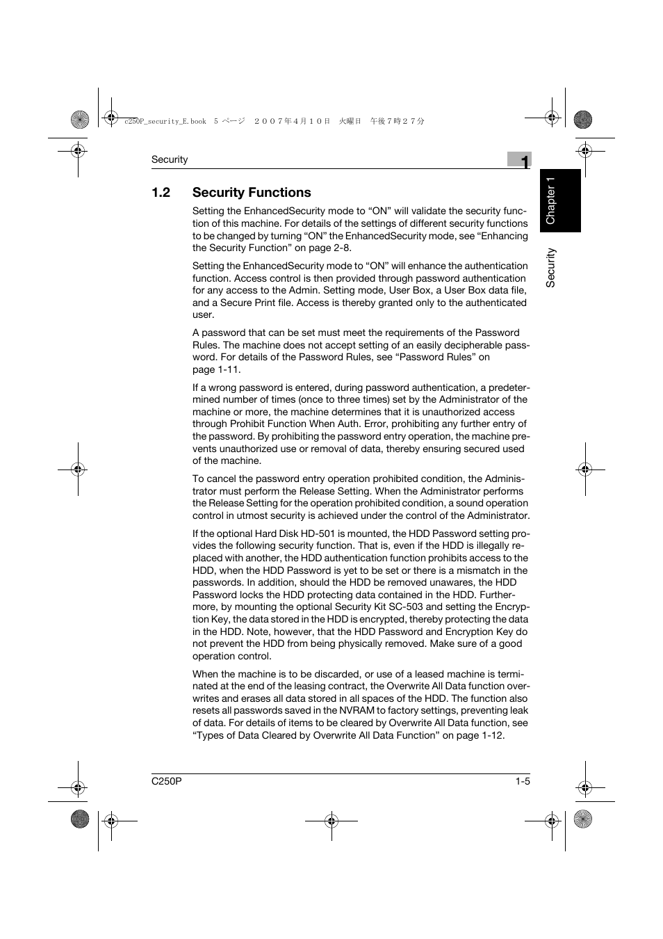 2 security functions, Security functions -5 | Konica Minolta bizhub C250P User Manual | Page 10 / 108