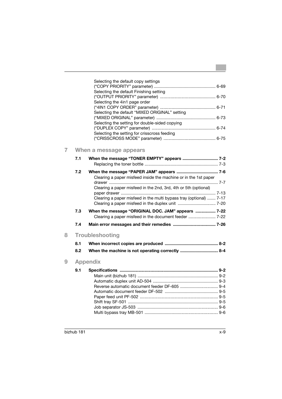 7when a message appears, 8troubleshooting, 9appendix | Konica Minolta bizhub 181 User Manual | Page 10 / 322