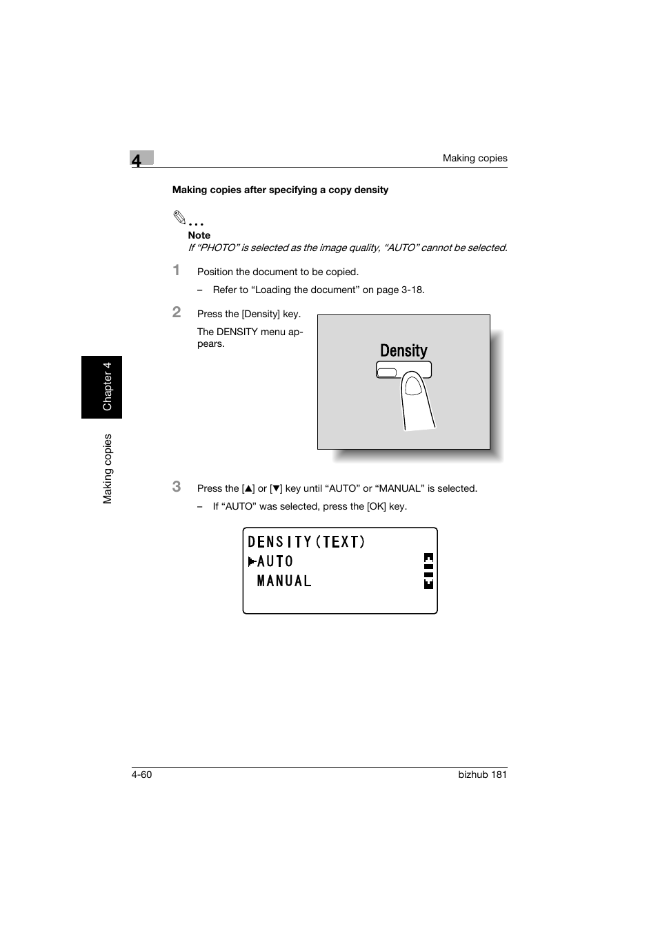Making copies after specifying a copy density, Making copies after specifying a copy density -60 | Konica Minolta bizhub 181 User Manual | Page 153 / 322