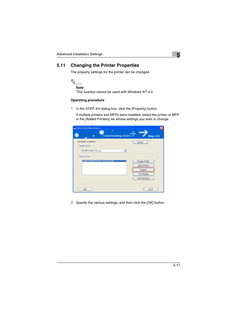 11 changing the printer properties, Operating procedure, Changing the printer properties -17 | Operating procedure -17 | Konica Minolta BIZHUB PRO 1050 User Manual | Page 32 / 36