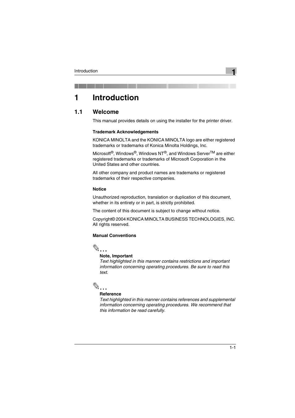 1 introduction, 1 welcome, Trademark acknowledgements | Notice, Manual conventions, Introduction, Welcome -1, 1introduction | Konica Minolta BIZHUB PRO 1050 User Manual | Page 4 / 36