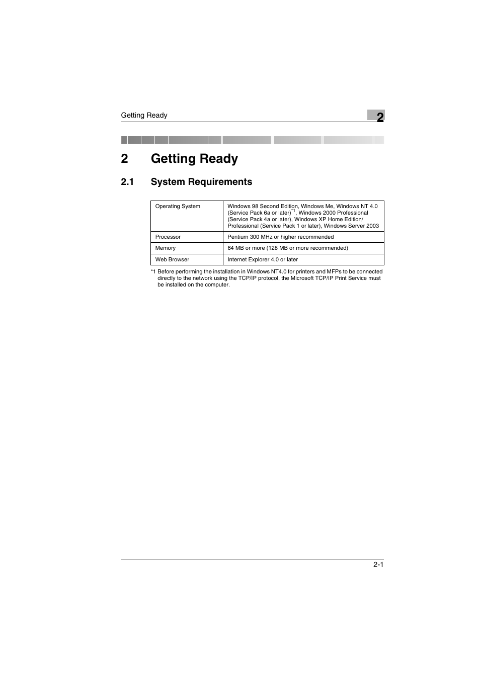 2 getting ready, 1 system requirements, Getting ready | System requirements -1, 2getting ready | Konica Minolta BIZHUB PRO 1050 User Manual | Page 6 / 36