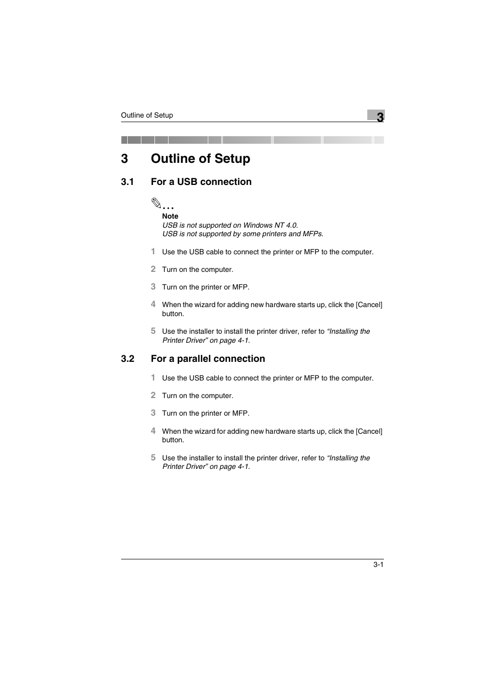 3 outline of setup, 1 for a usb connection, 2 for a parallel connection | Outline of setup, For a usb connection -1, For a parallel connection -1, 3outline of setup | Konica Minolta BIZHUB PRO 1050 User Manual | Page 8 / 36