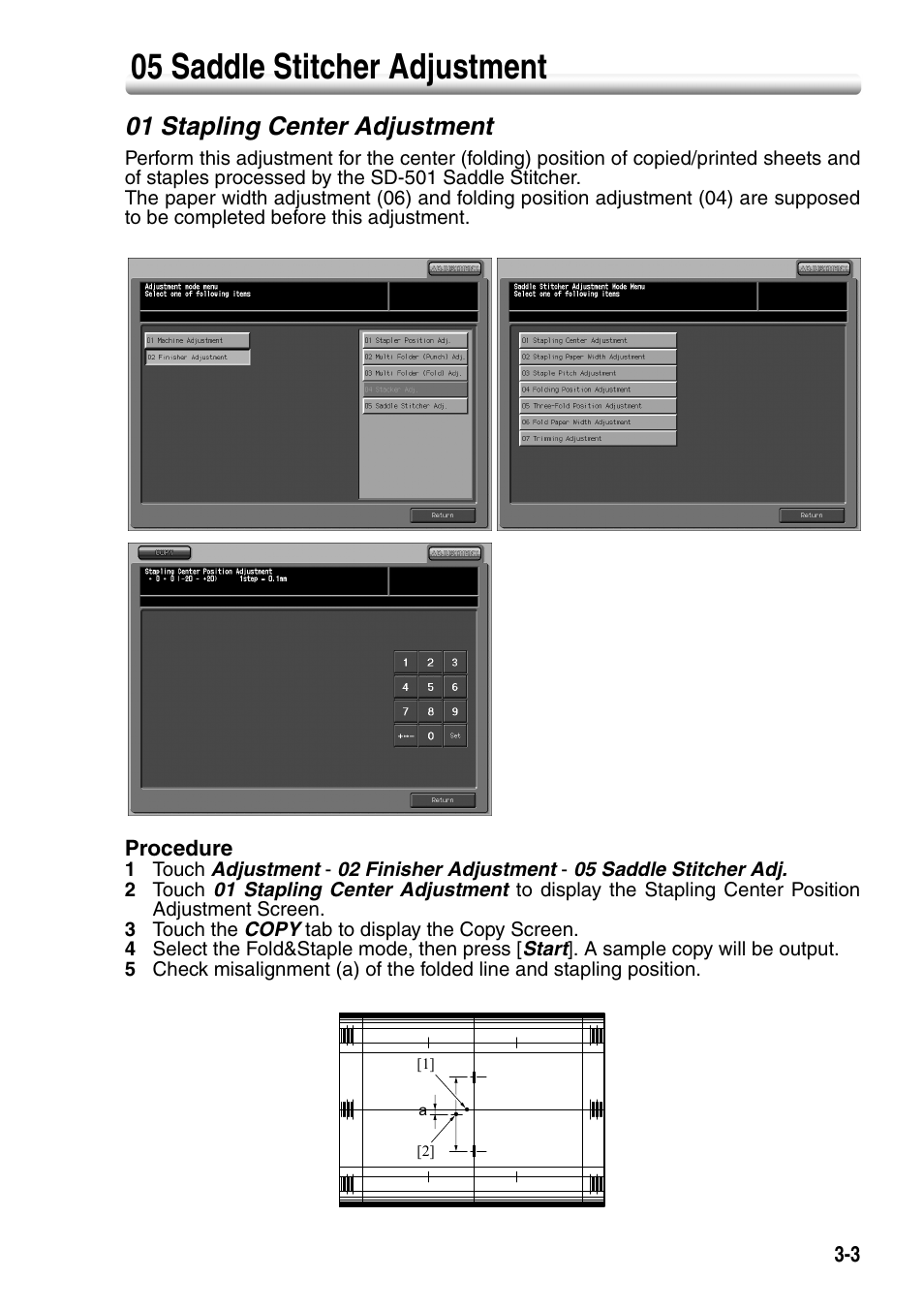 05 saddle stitcher adjustment, 01 stapling center adjustment, 05 saddle stitcher adjustment -3 | 01 stapling center adjustment -3 | Konica Minolta SD-501 User Manual | Page 39 / 52
