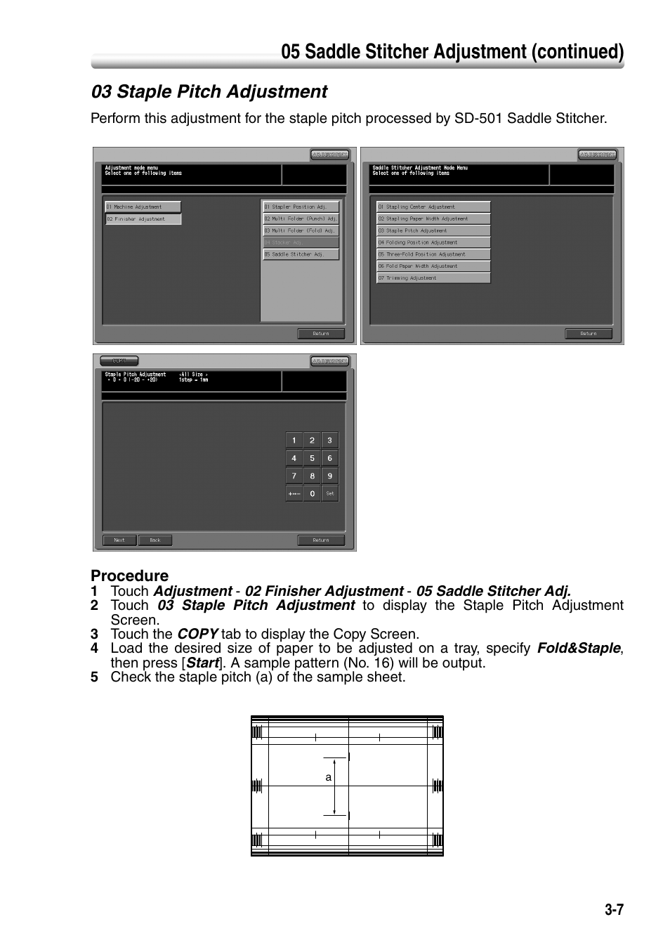 03 staple pitch adjustment, 03 staple pitch adjustment -7, 05 saddle stitcher adjustment (continued) | Konica Minolta SD-501 User Manual | Page 43 / 52