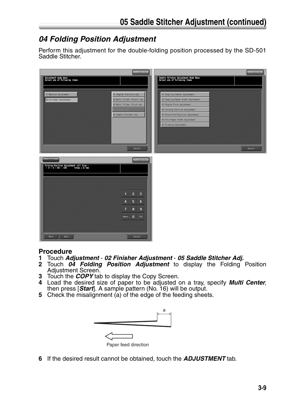 04 folding position adjustment, 04 folding position adjustment -9, 05 saddle stitcher adjustment (continued) | Konica Minolta SD-501 User Manual | Page 45 / 52