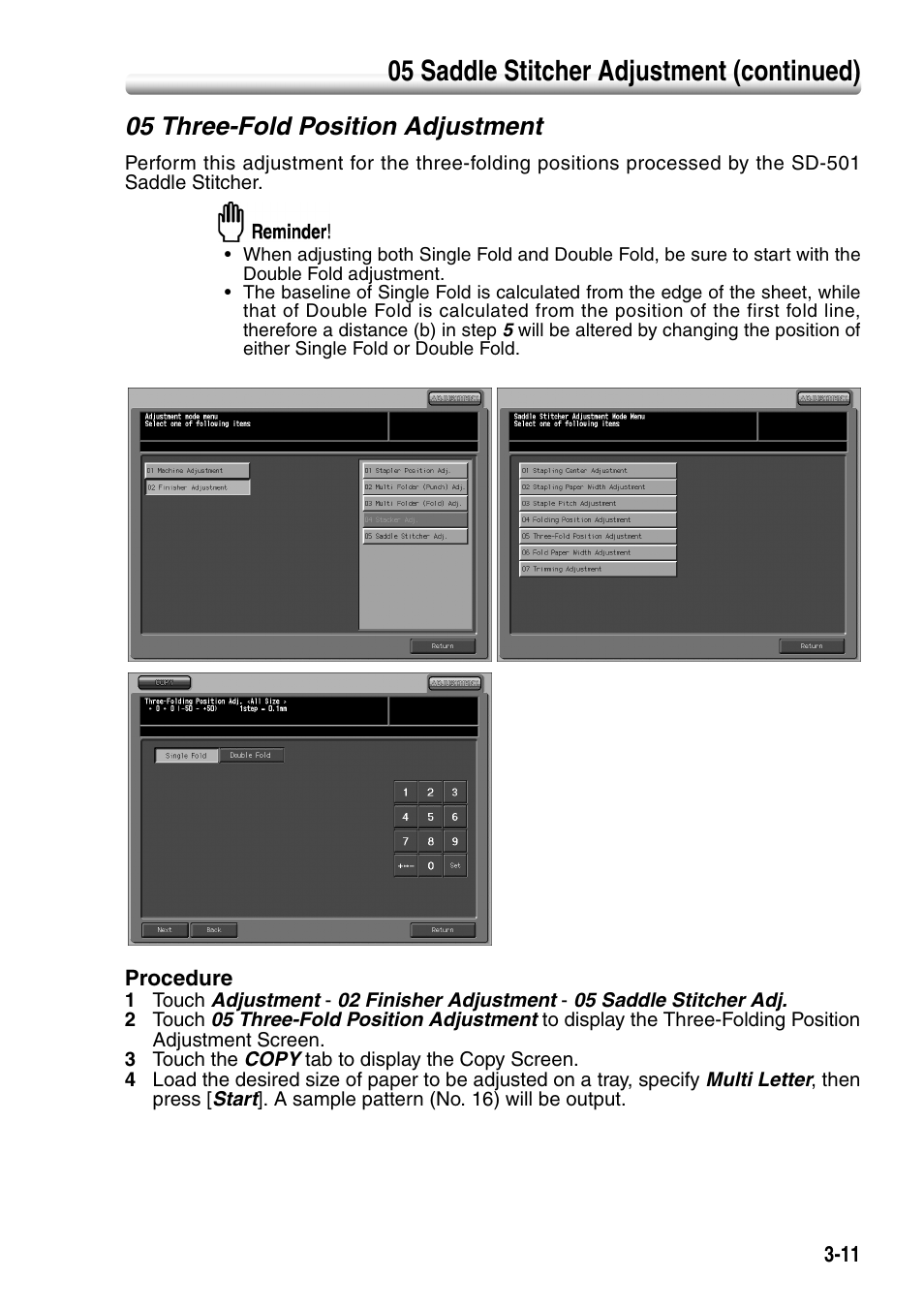 05 three-fold position adjustment, 05 three-fold position adjustment -11, 05 saddle stitcher adjustment (continued) | Konica Minolta SD-501 User Manual | Page 47 / 52