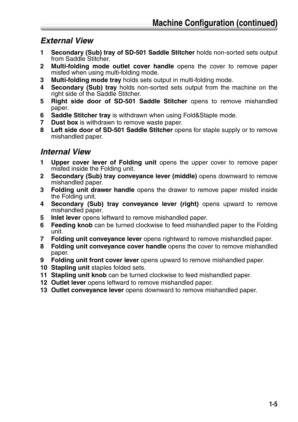 External view, Internal view, External view -5 internal view -5 | Machine configuration (continued) | Konica Minolta SD-501 User Manual | Page 9 / 52