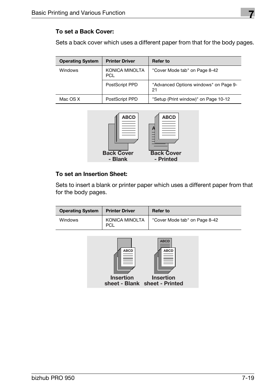 To set a back cover, To set an insertion sheet, Basic printing and various function | Back cover - blank back cover - printed, Insertion sheet - blank insertion sheet - printed | Konica Minolta bizhub PRO 950 User Manual | Page 104 / 320