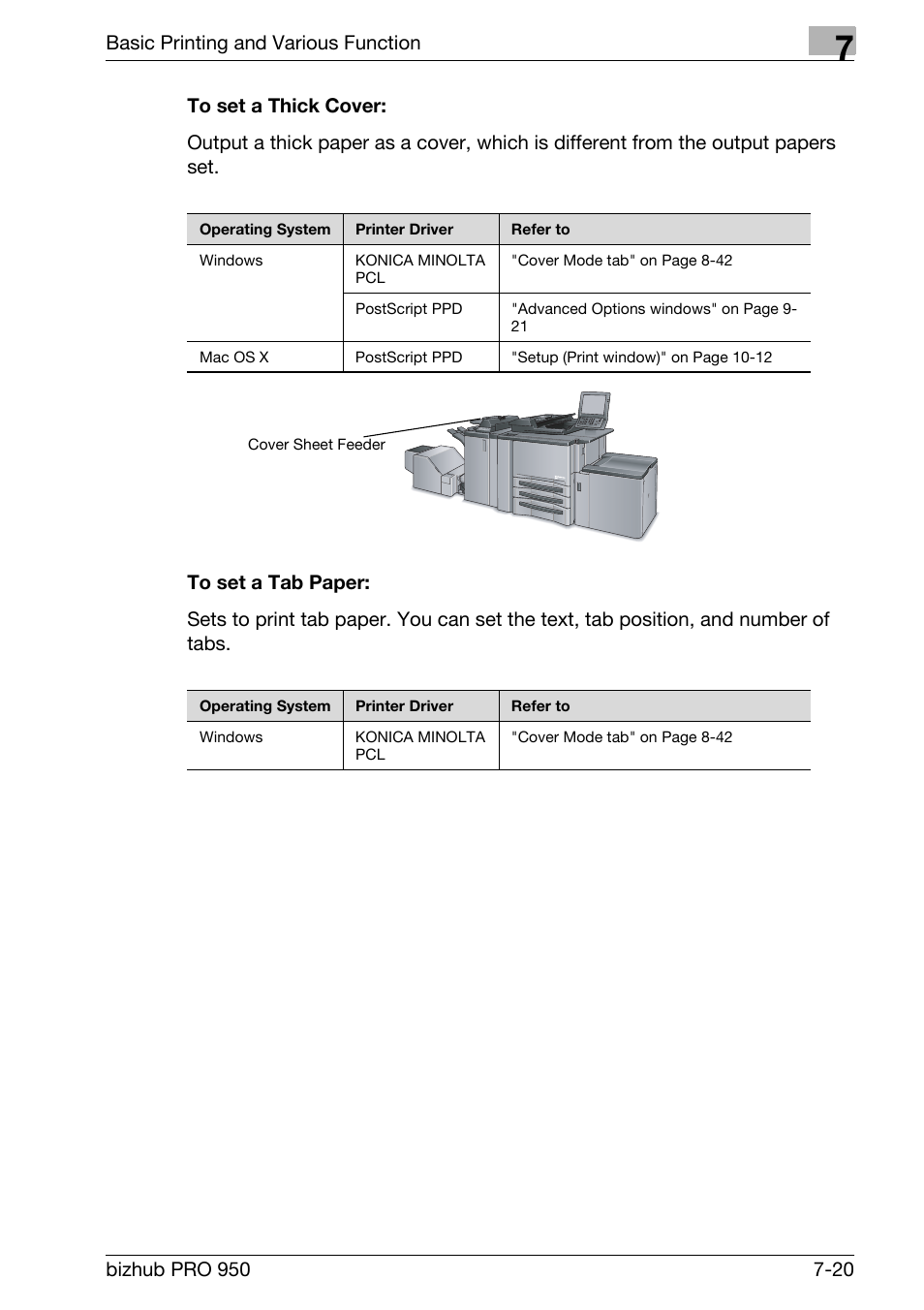 To set a thick cover, To set a tab paper | Konica Minolta bizhub PRO 950 User Manual | Page 105 / 320