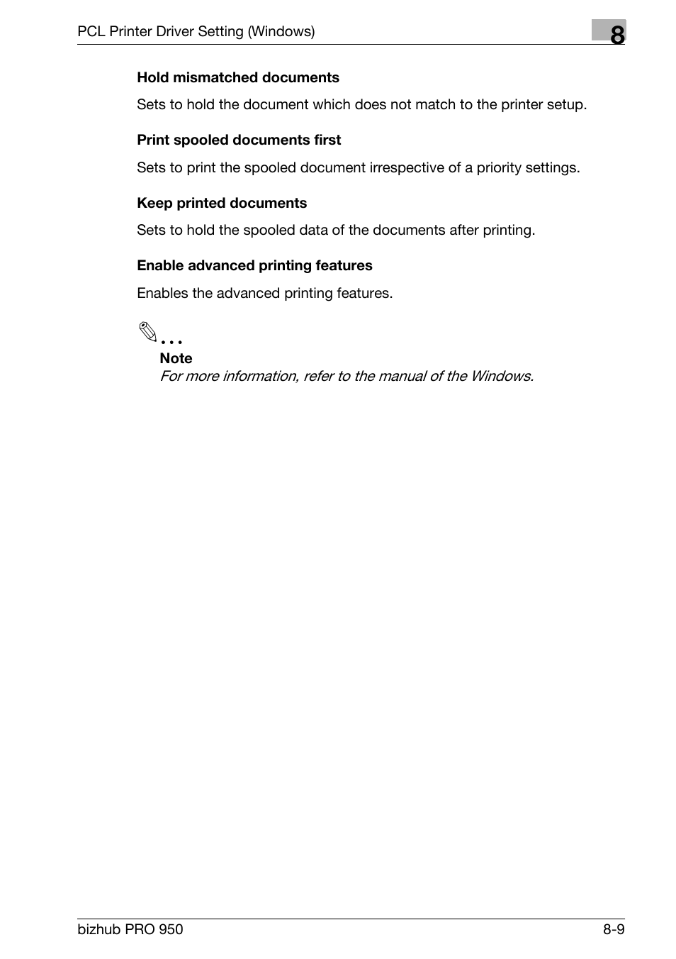 Hold mismatched documents, Print spooled documents first, Keep printed documents | Enable advanced printing features | Konica Minolta bizhub PRO 950 User Manual | Page 126 / 320